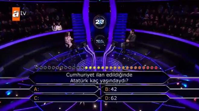ATV'de yaynlanan nl oyuncu Murat Yldrm&#8217;n sunuculuunu yapt Kim Milyoner Olmak ster programnda sorulan "Cumhuriyet ilan edildiinde Atatrk ka yandayd?" sorusu programa damga vurdu. Soru 20 yandaki gazetecilik blm rencisi olan yarmacya zor anlar yaatt.