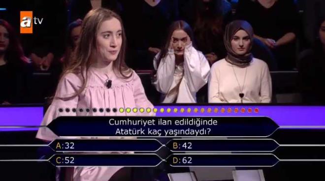 Kim Milyoner Olmak ster programnda sorulan "Cumhuriyet ilan edildiinde Atatrk ka yandayd? sorusu dn akam yaynlanan yeni blmde 20 yandaki gazetecilik blm rencisi Kbra adl yarmacya soruldu. Yarmac sorudan emin olamaynca iki jokerini kullanmak zorunda kald.