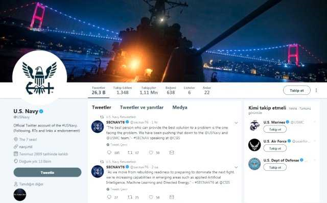 ABD ordusunun deniz kuvvetlerine ait resmi Twitter hesab, stanbul'da 15 Temmuz ehitler Kprs'nn altndan geen kapak bir sava gemisini kapak fotoraf yapt.