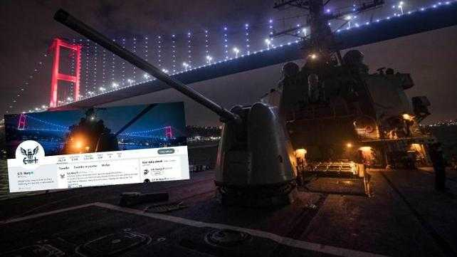 DKKATLERDEN KAMADI      ABD Donanmas'na ait resmi Twitter hesab, donanmaya ait USS Donald Cook isimli sava gemisinin stanbul'daki 15 Temmuz ehitler Kprs'nn altndan geerken ekilen fotoraf kapak resmi yapt. Donanmann bu fotoraf kapak resmi olarak semesi ise dikkat ekti.