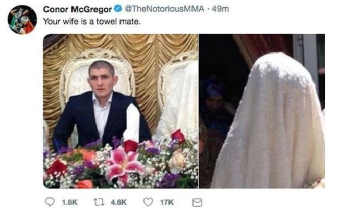 Bunun zerine lgna dnen McGregor, rakibinin karsn aalayc slami fobi ieren bu twiti att: "Senin karn bir havlu"