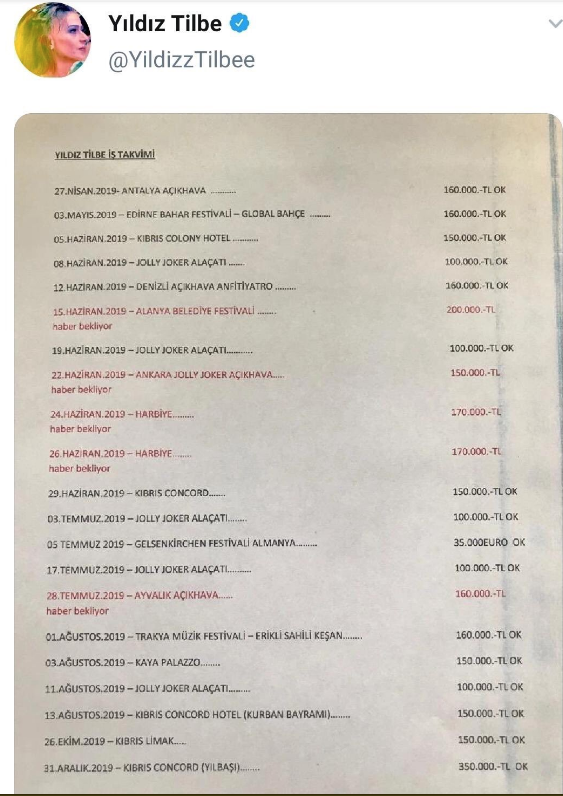 Tilbe'nin paylat i takvimine gre, sahne cretlerinin aral 100 bin ile 350 bin lira arasnda deiiyor.