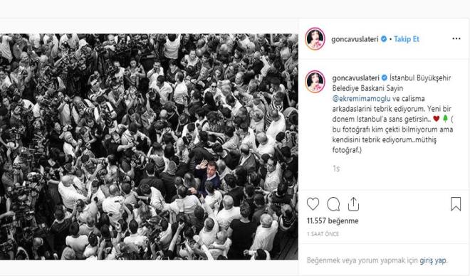 Gonca Vuslateri de bir fotoraf paylaarak u yorumu yapt:  stanbul Bykehir Belediye Baskani Sayin @ekrem_imamoglu ve calisma arkadaslarini tebrik ediyorum. Yeni bir donem Istanbul&#8217;a sans getirsin.. ( bu fotoraf kim ekti bilmiyorum ama kendisini tebrik ediyorum