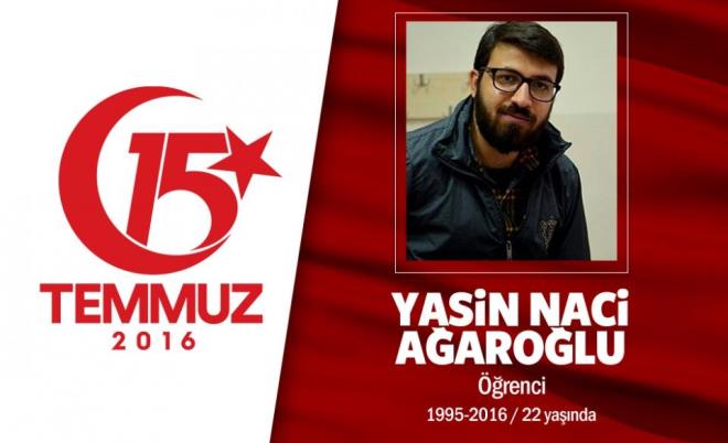 22 yandaki Yasin Naci Aarolu, Ankara Hukuk Fakltesi son snf rencisiydi. Darbe giriimini duyunca, sokaa kt. Uaklara, hava bombardmanna, tanklara, hain saldrya kar Meclis&#8217;i, Genelkurmay&#8217;, Trkiye&#8217;yi korumaya kotu. Genelkurmay Kava&#8217;nda helikopterden alan ate sonucu ehit dt. retmen bir anne ile babann olu ehit Yasin Naci Aarolu iin Antalya&#8217;nn Korkuteli ilesi&#8217;nde dzenlenen trene yaklak 50 bin kii katld. 22 yandaki oullarnn Ankara Hukuk Fakltesi&#8217;nden mezuniyet diplomasn alan Zehra ve Osman Aarolu ifti, gzyalarn tutamad.