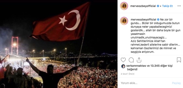 Merve zbey: Ne zor bir gnd... Bizler bir olduumuzda btn dnyaya neler yapabileceimizi gsterdik... Allah bir daha byle bir gn yaatmasn unutmadk, unutmayacaz... Aziz ehitlerimize Allah&#8217;tan rahmet, kederli ailelerine sabr dilerim... kahraman Gazilerimizi de minnet ve saygyla anyorum