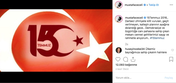 Mustafa Ceceli: 15Temmuz 2016... Darbeci zihniyete kilit vurulan, geit verilmeyen, kallein plannn ayana doland gece. Demokrasiye ve zgrle can pahasna sahip kan mekn cennet ehitlerimizi sayg ve rahmetle anyorum.