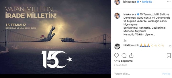 In Karaca: 15 Temmuz Milli Birlik ve Demokrasi Gn'nn 3. yldnmnde. Bugne kadar bu vatan iin cann hie saym. ehitlerimizi Rahmetle, Gazilerimizi Minnetle Anyorum Ne mutlu Trkm diyene...