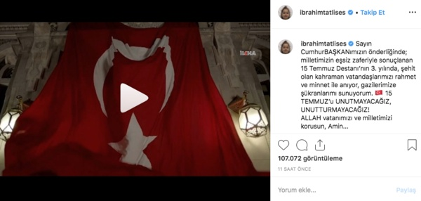 brahim Tatlses: Sayn CumhurBAKANmzn nderliinde; milletimizin esiz zaferiyle sonulanan 15 Temmuz Destan&#8217;nn 3. ylnda, ehit olan kahraman vatandalarmz rahmet ve minnet ile anyor, gazilerimize kranlarm sunuyorum. 15 TEMMUZ&#8217;u UNUTMAYACAIZ, UNUTTURMAYACAIZ! ALLAH vatanmz ve milletimizi korusun, Amin...