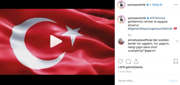 Yonca Evcimik: 15 Temmuz ehitlerimizi rahmet ve saygyla anyoruz.