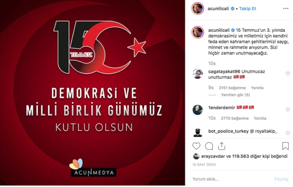 Acun Ilcal: 15 Temmuz&#8217;un 3. ylnda demokrasimiz ve milletimiz iin kendini feda eden kahraman ehitlerimizi sayg, minnet ve rahmetle anyorum. Sizi hibir zaman unutmayacaz.