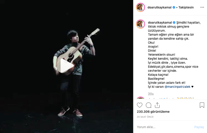 Genlere yaratc olmalar konusunda tler de veren Doa Rutkay paylat videonun altna u yorumu yazd...  <BR>    imdiki hayatlar, tiktok miktok olmu genlere zlyorum.  Tamam elen yine elen ama bir yandan da kendine sahip k.<BR>  Oku!  Aratr!  Dinle!  Yeteneklerin olsun!  Kefet kendini, takliti olma.  yi mzik dinle , iyiye zen.  Edebiyat,iir,dans,sinema,spor nice cevherler var iinde.  Kolaya kama!  Basitleme!  inde yatan aslan fark et!  yi ki varsn @marcinpatrzalek