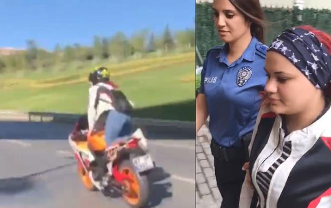 D-100 Karayolu'nda motosikletiyle ilerlerken, ayaa kalkarak adeta dans eden kadn trafik magandas E.U. polis ekipleri tarafndan gzaltna alnd. Kadn motosiklet srcsne toplam bin 237 lira trafik cezas kesilirken, ehliyetine geici olarak el kondu.