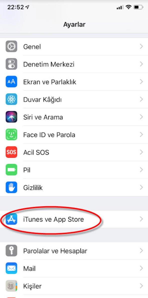 Daha sonra tekrar Ayarlar'a girip iTunes ve App Store seeneine dokunun.