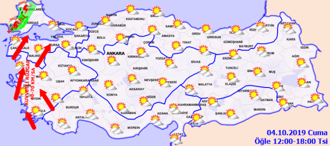 5 Ekim Cumartesi gn ise blgenin tamamnda saanak ve gk grltl saanak yalarn beklendiine iaret edilen aklamada, u ifadelere yer verildi:    "Yalarn Trakya'da (Edirne, Krklareli ve Tekirda) kuvvetli olaca tahmin ediliyor. Yal sistemin 6 Ekim Pazar gn etkili olduktan sonra pazartesi gn blgeyi terk etmesi ve ayn gn blgenin batsnn yeni bir yal havann etkisine girmesi bekleniyor. Tahminlere gre, blge genelinde mevsim normallerinin 4 ila 6 derece zerinde seyreden hava scaklklar cumartesi gn hissedilir derecede azalacak. Mevsim normalleri civar ve yer yer altna dmesi beklenen hava scaklklar 8 Ekim Sal gnnden itibaren tm blgede tekrar artacak. Rzgarn yarn blgenin batsnda gney ve gneybat (lodos) ynlerden, kuvvetli (40-70 Km/saat) esecei tahmin ediliyor."