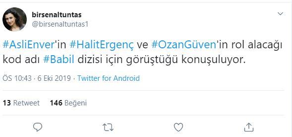Yeni bir iddiaya gre Asl Enver, Babil dizisi iin grme halinde.    Halit Ergen ile Ozan Gven?in rol almas beklenen Babil dizisinin hazrlklar devam ediyor.    Asl Enver ile de grmelerin yapldn gazeteci Birsen Altunta, twitter hesabndan paylat.    Enver?in hayranlar bu gelimeden bir hayli memnun oldu.