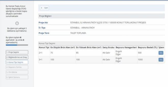 Konut tipi seimi ekrannda, TOK 100 bin sosyal konut projesinin iki farkl tip konutu olan 2+1 ve 3+1 seeneklerinden birisini seiniz.<br>  2+1'in bavuru creti 500 TL, 3+1'in bavuru creti ise 1000 TL'dir
