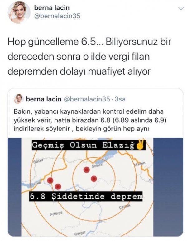 Trkiye'nin tek yrek olduu anlarda, vergi muafiyetinin salanmas iin devletin depremin iddetini dk gsterdiini yazan Berna Lain, ''Hop gncelleme 6.5... Biliyorsunuz bir dereceden sonra o ilde vergi filan depremden dolay muafiyet alyor'' paylamnda bulunmutu.