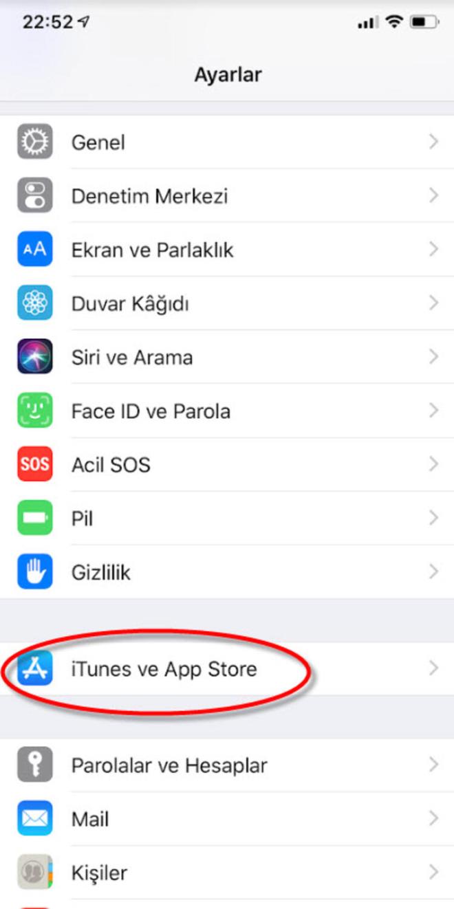 Daha sonra tekrar Ayarlar'a girip iTunes ve App Store seeneine dokunun.