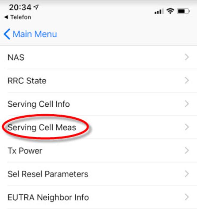 imdi de Serving Cell Meas seeneine dokunun.