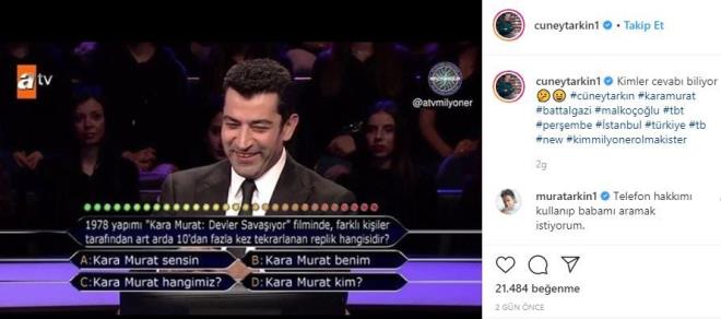 Sz konusu yarma programnda, "1978 yapm 'Kara Murat: Devlet Savayor' filminde, farkl kiiler tarafndan art arda 10&#8217;dan fazla kez tekrarlanan replik hangisidir?" sorusuna yer verilirken, Cneyt Arkn'n olu Murat Arkn ise, babasnn paylamna bir yorum yaparak, "Telefon hakkm kullanp babam aramak istiyorum" yant grenleri tebessm ettirdi.