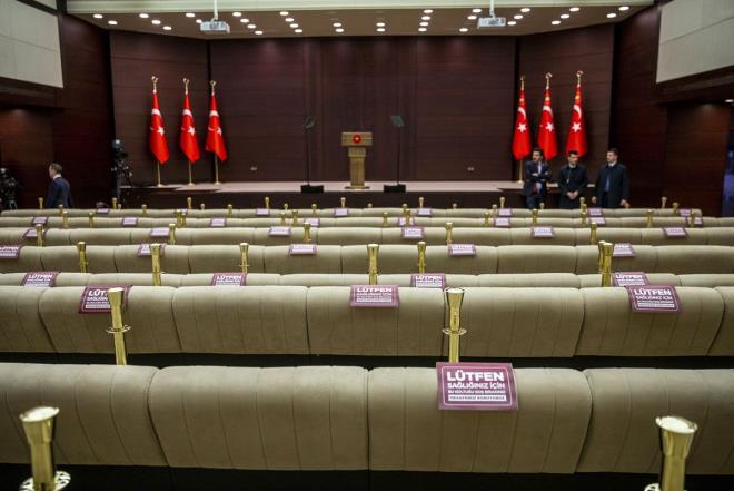 Cumhurbakan Erdoan'n, ankaya Kk'nde dzenlenen Koronavirsle Mcadele Egdm Toplants sonras aklama yapaca basn toplant salonunda yeni tip koranavirs (Covid-19) nlemleri alnd.