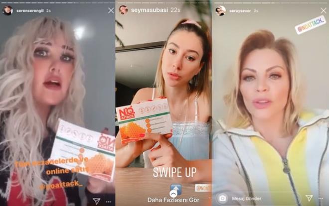 eyma Suba, Seren Serengil, Seda Akgl, Seda Sayan, Seray Sever, Demet Ener, Ebru Akel, Perihan Sava, Gizem Hatipolu gibi birok nl isim tuzaa dt. Koronavirs'e kar koruduu iddia edilen bir ilacn tantmn sosyal medya hesaplarndan yaptlar.