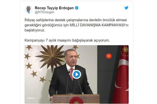 Cumhurbakan Recep Tayyip Erdoan, kabine toplantsnn ardndan kameralar karsna geti. Koronavirse kar alnan nlemler hakknda konuan Cumhurbakan Erdoan, dar gelirli ailelere ilave destek olmak amacyla byk bir yardm kampanyasnn balatldn duyurdu. Erdoan, yardm kampanyasn 7 aylk maan balayarak balatt.