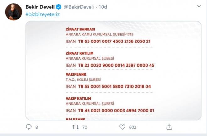Bekir Develi, #bizbizeyeteriz etiketiyle banka hesap numaralarn paylat.