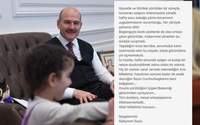 ileri Bakan Sleyman Soylu'ya gelen youn destek sonras Cumhurbakanlndan 'istifann' kabul edilmediine dair aklama geldi. Sleyman Soylu'nun 'zeletiri yapt' istifa aklamas ise taktir toplad. te o aklama:  <br>  "Gayret ve titizlikle yrtlen bir srete, tamamen salgnn nlenmesine ynelik hafta sonu sokaa kma yasa kararnn uygulanmasnn sorumluluu, her ynyle ahsma aittir. Balangta kstl saatler de olsa ortaya kan grntler, mkemmel ynetilen bu srele uyumad. Yaadm onca tecrbe, sorumluluk ksm zerimizde olan bu olayda, byle grntlere yol amamalyd. yi niyetle, hafta sonunda salgn ve bula bir nebze durdurabilmek adna atlan bir admd. Hi bir zaman zarar vermek istemediimi Aziz Milletimiz, hayatmn sonuna kadar da sadk olacam Sayn Cumhurbakanm beni balasn... Onurla yrttm ileri Bakanl grevimden ayrlyorum..
