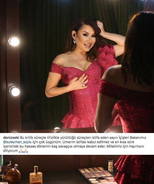 arkc Deniz Seki'den de Demet Akaln'n yapt arya benzer bir talep geldi. Deniz Seki 'istifann kabul edilmemesini' isteyerek unlar syledi:  *Bu kritik srete titizlikle yrtt sreten istifa eden sayn ileri Bakanmz @suleyman_soylu iin ok zgnm. Umarm istifas kabul edilmez ve en ksa sre ierisinde bu hassas dnemin ba savas olmaya devam eder. Milletimiz iin hayrlsn diliyorum &#128591;&#127995;&#128591;&#127995;