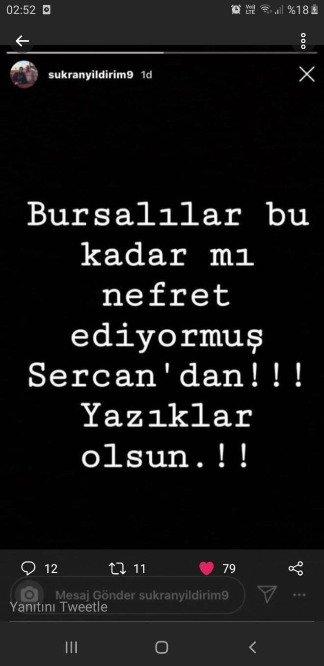 "Elen gel olum, Bursa halk hibir eyi hak etmiyor": Sosyal medya hesabndan paylam yapan Sercan Yldrm'n babas Kenan Yldrm, "Bursa halk evladna ok gzel sahip kt. Yazklar olsun diyorum. Elen gel olum, Bursa halk hibir eyi hak etmiyor" ifadelerini kulland. Anne kran Yldrm ise, "Bursallar bu kadar m nefret ediyormu Sercan'dan! Yazklar olsun!" diyerek sitemde bulundu.