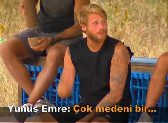 'OK MEDEN BR ORTAM...'<br>  "Delikanllk yapmak istiyorsan git kendi mahallende yap. Burada kimseye yaptrmyoruz. Burada normal kurallar var, medeni bir ortamda yarmalar oluyor. Artistlik yapacaksan kendi mahallende yapacaksn, gider yapacaksan kendi mahallende yapacaksn... Bizim mahallede tmyorsun yani! Anladn m?" diyen Acun Ilcal Yunus Emre'nin "ok medeni bir ortam ..." szleriyle ldrd.