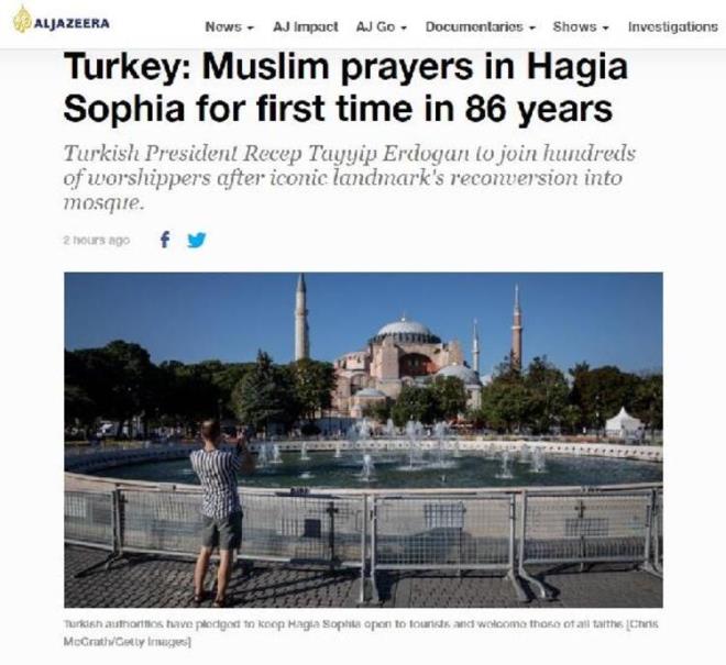 Katar merkezli haber kanal Al Jazeera, &#8220;Mslmanlar, Ayasofya&#8217;da 86 yln ardndan ilk kez dualar okuyor&#8221; baln kulland.
