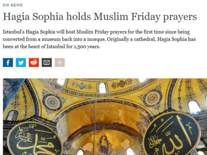Almanya merkezli DW`de ise Ayasofya`nn mzeden camiye dntrldnden bu yana ilk kez Mslmanlara cuma namaznda ev sahiplii yapacana dikkat ekildi.