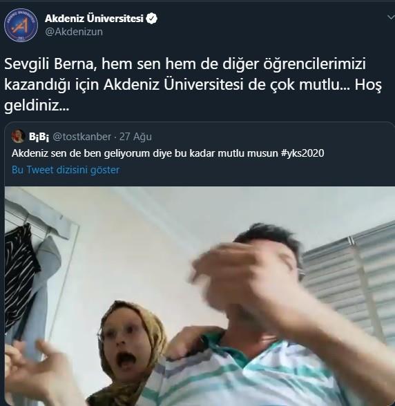 Videoya Akdeniz niversitesi&#8217;nden de bir yant geldi. niversite sosyal medya hesabndan videoyu "Sevgili Berna, hem sen hem de dier rencilerimizi kazand iin Akdeniz niversitesi de ok mutlu... Ho geldiniz...&#8221; aklamasyla paylat.