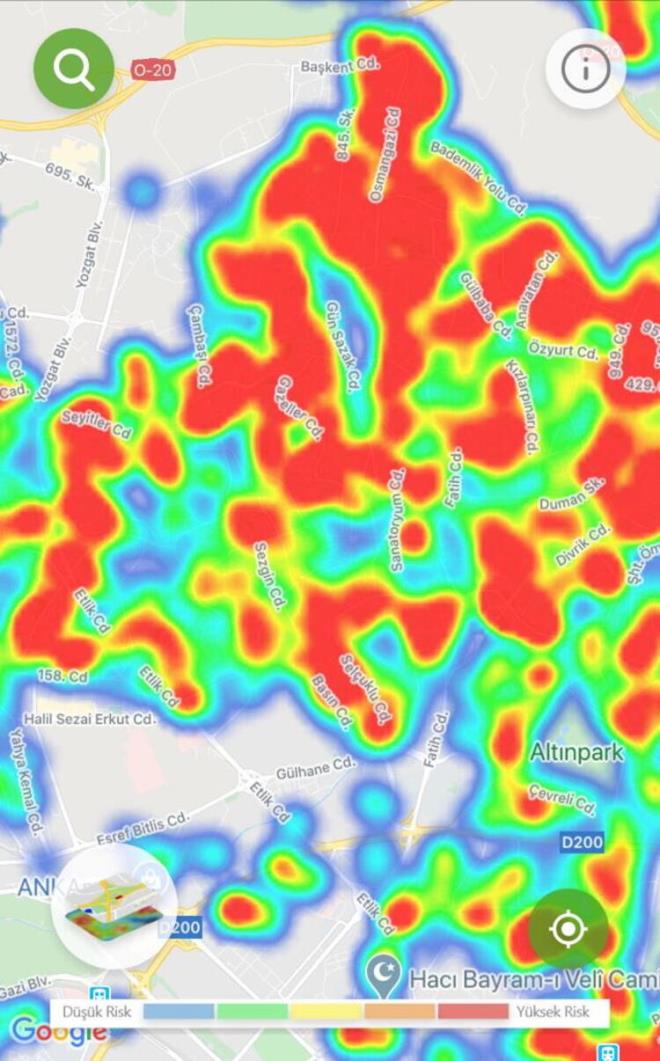 KEREN:  Nfusun da fazla olduu Keiren&#8217;de, yksek riskli blgeler neredeyse ilenin tamamna yaylm durumda. Kzlarpnar, Gazeller ve Seluk caddelerindeki yksek riskli blgelerin 1 Mays&#8217;a kyasla yaylarak artm olmas dikkat ekiyor. Yksek riskli blgelerin aralarnda daha az riskli blgeler de bulunuyor.