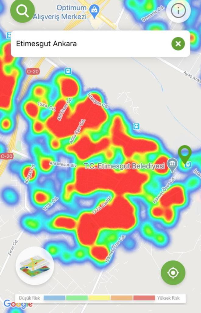 ETMESGUT:  Ahimesud Bulvar ile Hikmet zer, ehit Hasan zer, Atilla Eer ve stasyon caddelerini iine alan blge 1 Mays&#8217;tan bu yana yksek riskli olarak grlyor. Balca Mahallesi ise genel olarak 1 Mays&#8217;taki gibi dk riskli olarak grlse de, Balca Bulvar ve evresinde olumaya balayan yksek riskli blgeler dikkat ekiyor.