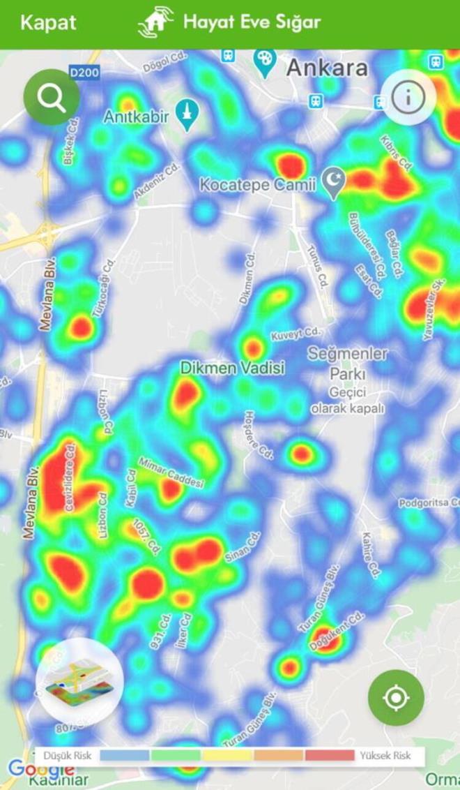 ANKAYA:  Nfus younluun fazla olduu merkez noktalarda, 1 Mays&#8217;tan bu yana yksek riskli blgeler yaylarak artm durumda. Kzlay Meydan, Dikmen Vadisi ve evresi, Turan Gne, Doukent ile Mevlana bulvarlar, Filistin Caddesi riskin yksek olduu yerlerin banda geliyor. Yksek ve orta riskli blgeler, 1 Mays&#8217;a kyasla neredeyse ilenin tamamna yaylm durumda.