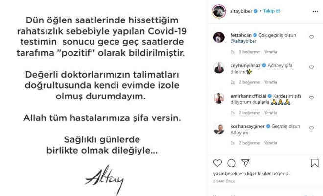 Instagram hesabndan paylam yapan arkc, "Dn len saatlerinde hissettiim rahatsz sebebiyle yaplan Covid-19 testimin sonucu gece ge saatlerde tarafma 'pozitif' olarak bildirilmitir. Deerli doktorlarmzn talimatlar dorultusunda kendi evimde izole olmu durumdaym" dedi.