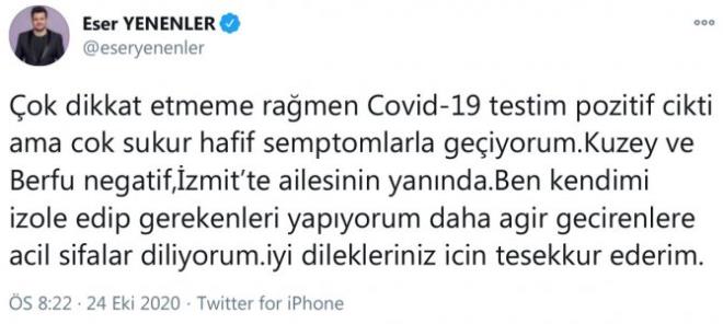 ESER YENENLER'DEN AIKLAMA  <br>  Konuyla ilgili Twitter hesabndan aklama yapan Eser Yenenler, u ifadeleri kulland: