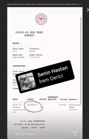 Sosyal medya hesabndan testinin pozitif ktn duyuran rem Derici, evde karantinaya alnd.