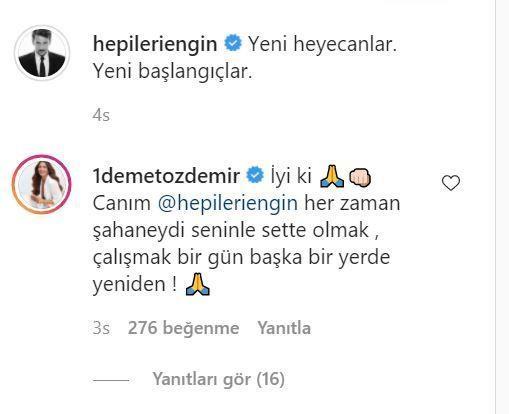 Oyuncunun paylamna Doduun Ev Kaderindir&#8217;deki partneri Demet zdemir, yorum brakt.    zdemir, &#8220;yi ki&#8230; Canm @hepileriengin her zaman ahaneydi seninle sette olmak, almak bir gn baka bir yerde yeniden&#8221; diyerek veda mesaj paylat.
