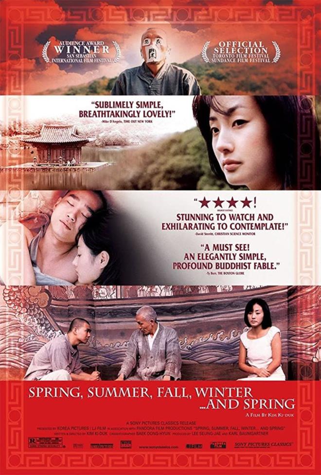 6. lkbahar, Yaz, Sonbahar, K ve lkbahar (2003)  <br>  Mevsimler ve doann o kusursuz ars, yaratt teslimiyet arzusu belki de baka hibir eyde benzeri olmayan? Yzen bir ev ki doaya dair ne varsa muhteem olan onu evrelerken o gl ortasnda yzmekte. Yalca bir rahip ve kendisine refakat eden dier gen-ocuk rahip aday.Yal rahip, ona her eyi bilgelikle ama bir o kadar da doal bir ak iinde retir. Bu ekilde geip giden mevsimler ile byyen ocuun geirdii evrim, son derece doal bir ahenk iinde ilerlerken sra artk bym olan ocuun rendiklerini gerek hayata nasl yanstacan grmeye gelir.