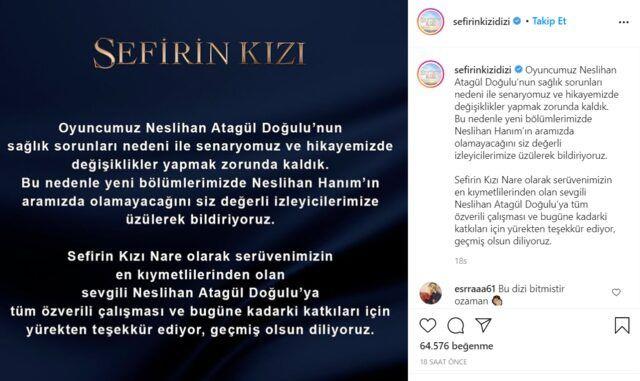 ''Sefirin Kz Nare olarak servenimizin en kymetlilerinden olan sevgili Neslihan Atagl Doulu?ya tm zverili almas ve bugne kadarki katklar iin yrekten teekkr ediyor, gemi olsun diliyoruz.''