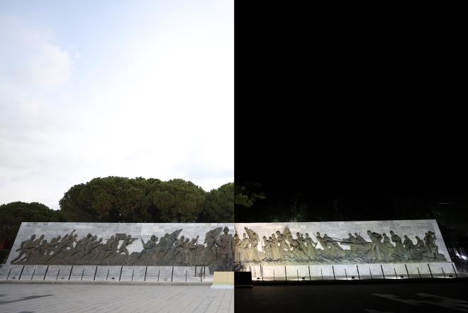 Yaklak 42 metre ykseklikteki anakkale ehitler Abidesi, gece ve gndz ayn alardan grntlendi.
