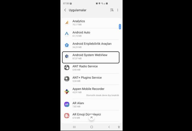 Ayarlardan, Uygulamalar blmne gidin.  Android System Webview' bulup an.
