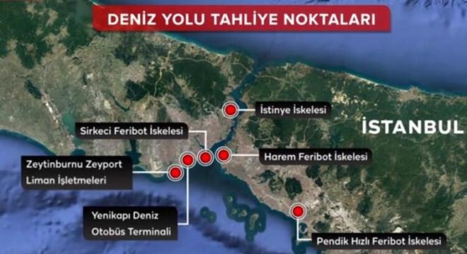 Denizden yaplacak tahliye noktalar <br>  Denizden yaplacak tahliyeler iin 6 nokta belirlendi. Vatandalar aralarla bu noktalara tanacak, ardndan gemilerle stanbul dna karlacak. Adalar iin de iskele ve 5 kapak atma alan belirlendi. Bunlar, Sirkeci Feribot skelesi, Yenikap Deniz Otobs Terminali, Pendik Hzl Feribot skelesi, stinye skelesi, Harem Feribot skelesi ve Zeytinburnu Zeyport Liman letmeleri.