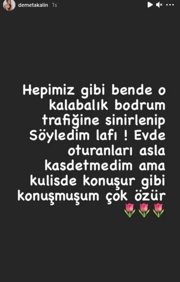 Akaln, unlar yazd: "Hepimiz gibi ben de o kalabalk Bodrum trafiine sinirlenip syledim laf. Evde oturanlar asla kastetmedim ama kuliste konuur gibi konumuum, zr dilerim."