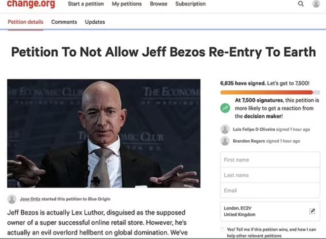 "NSANLIIN KADER SZN ELLERNZDE"    ?Jeff Bezos'un Dnya'ya Yeniden Giriine zin Vermeme Kampanyas? adl giriim, ?insanln kaderi sizin ellerinizde. Bezos?u Dnya'dan uzak tutalm? ifadeleriyle desteki bulmaya alyor.