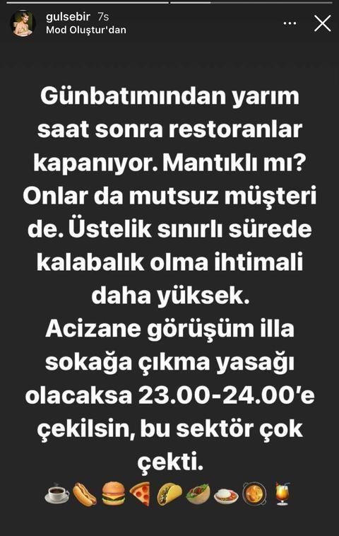 Birsel, kstlamalar kapsamnda etkilenen elence ve yeme ime mekanlarna ynelik ar yapt bir paylama da yer verdi.